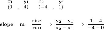\bf \begin{array}{lllll}&#10;&x_1&y_1&x_2&y_2\\&#10;%   (a,b)&#10;&({{ 0}}\quad ,&{{ 4}})\quad &#10;%   (c,d)&#10;&({{ -4}}\quad ,&{{ 1}})&#10;\end{array}&#10;\\\\\\&#10;% slope  = m&#10;slope = {{ m}}= \cfrac{rise}{run} \implies &#10;\cfrac{{{ y_2}}-{{ y_1}}}{{{ x_2}}-{{ x_1}}}\implies \cfrac{1-4}{-4-0}