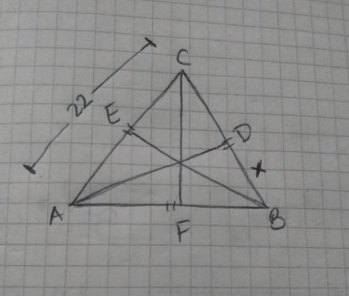 In equilateral δabc, ad, be, and cf are medians. if ac = 22, then bd