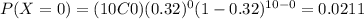 P(X=0)=(10C0)(0.32)^0 (1-0.32)^{10-0}=0.0211