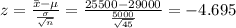z=\frac{\bar{x}-\mu }{\frac{\sigma }{\sqrt{n}}}=\frac{25500-29000 }{\frac{5000 }{\sqrt{45}}}=-4.695