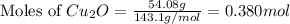 \text{Moles of }Cu_2O=\frac{54.08g}{143.1g/mol}=0.380mol