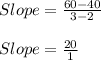 Slope = \frac{60 - 40}{3 - 2}\\\\Slope = \frac{20}{1}