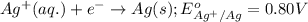 Ag^{+}(aq.)+e^-\rightarrow Ag(s);E^o_{Ag^{+}/Ag}=0.80V