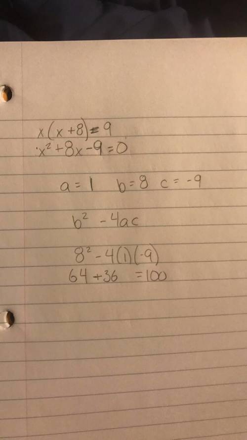 What is the value of b2 - 4ac for the following equation?  x(x + 8) = 9