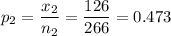 p_2=\dfrac{x_2}{n_2}=\dfrac{126}{266}=0.473