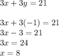 3x+3y=21\\\\3x+3(-1)=21\\3x-3=21\\3x=24\\x=8