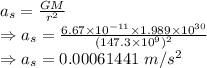 a_s=\frac{GM}{r^2}\\\Rightarrow a_s=\frac{6.67\times 10^{-11}\times 1.989\times 10^{30}}{(147.3\times 10^{9})^2}\\\Rightarrow a_s=0.00061441\ m/s^2