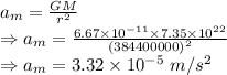 a_m=\frac{GM}{r^2}\\\Rightarrow a_m=\frac{6.67\times 10^{-11}\times 7.35\times 10^{22}}{(384400000)^2}\\\Rightarrow a_m=3.32\times 10^{-5}\ m/s^2