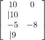 \left[ { \begin {array} {cc} 10&0& | 10\\-5&-8& | 9\\ \end {array}}  \right]