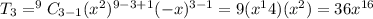 T_{3}=^9C_{3-1}(x^2)^{9-3+1}(-x)^{3-1}=9(x^14)(x^2)=36x^{16}