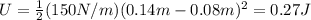 U=\frac{1}{2}(150 N/m)(0.14 m-0.08 m)^2=0.27 J