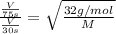 \frac{\frac{V}{75 s}}{\frac{V}{30 s}}=\sqrt{\frac{32 g/mol}{M}}