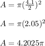 A=\pi (\frac{4.1}{2})^2 \\ \\ A=\pi (2.05)^2 \\ \\ A=4.2025\pi