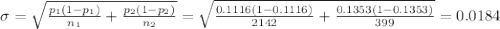 \sigma=\sqrt{\frac{p_1(1-p_1)}{n_1} +\frac{p_2(1-p_2)}{n_2}} =\sqrt{\frac{0.1116(1-0.1116)}{2142} +\frac{0.1353(1-0.1353)}{399}} =0.0184