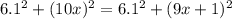 6.1^{2}+(10x)^{2}=6.1^{2}+(9x+1)^{2}