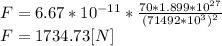 F=6.67*10^{-11}*\frac{70*1.899*10^{27} }{(71492*10^3)^{2} }  \\F= 1734.73[N]