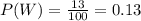P(W)= \frac{13}{100} =0.13