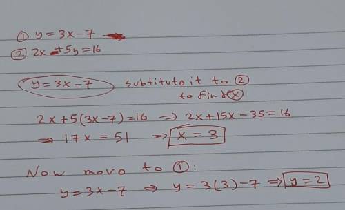 Solve the system of equations by substitution. y = 3x-7 2x + 5y = 16