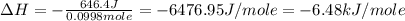 \Delta H=-\frac{646.4J}{0.0998mole}=-6476.95J/mole=-6.48kJ/mole