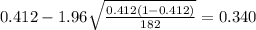 0.412 - 1.96\sqrt{\frac{0.412(1-0.412)}{182}}=0.340