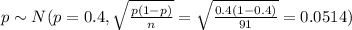 p \sim N(p=0.4,\sqrt{\frac{p(1-p)}{n}}=\sqrt{\frac{0.4(1-0.4)}{91}}=0.0514)