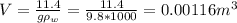 V = \frac{11.4}{g\rho_w} = \frac{11.4}{9.8*1000} = 0.00116 m^3
