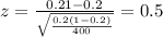 z=\frac{0.21 -0.2}{\sqrt{\frac{0.2(1-0.2)}{400}}}=0.5