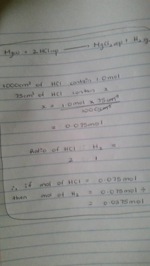 In the reaction mg (s) + 2hcl (aq) h2 (g) + mgcl2 (aq), how many moles of hydrogen gas will be produ