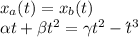 x_{a}(t)=x_{b}(t)\\  \alpha t +\beta t^{2}=\gamma t^{2} -\δt^{3}\\