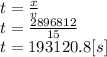 t=\frac{x}{v} \\t=\frac{2896812}{15}\\ t=193120.8[s]