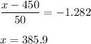 \displaystyle\frac{x - 450}{50} = -1.282\\\\x = 385.9