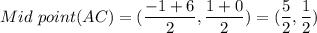 Mid\ point(AC)=(\dfrac{-1+6}{2},\dfrac{1+0}{2})=(\dfrac{5}{2},\dfrac{1}{2})