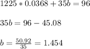 1225*0.0368+35b=96\\\\35b=96-45.08\\\\b=\frac{50.92}{35}=1.454