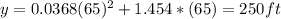 y=0.0368(65)^{2}+1.454*(65)=250ft