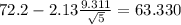 72.2-2.13\frac{9.311}{\sqrt{5}}=63.330