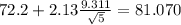 72.2+2.13\frac{9.311}{\sqrt{5}}=81.070