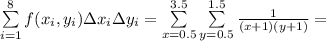\sum\limits^8_{i=1} f(x_i,y_i)\Delta x_i\Delta y_i = \sum\limits^{3.5}_{x=0.5}\sum\limits^{1.5}_{y=0.5}\frac{1}{(x+1)(y+1)}=