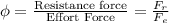 \phi =\frac{\text{Resistance force}}{\text{Effort Force}}=\frac{F_r}{F_e}