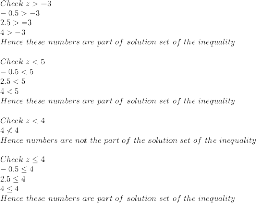 Check \ z-3\\-0.5-3\\2.5-3\\4-3\\Hence \ these \ numbers \ are \ part \ of \ solution \ set \ of \ the \ inequality\\\\Check \ z