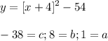 \displaystyle y = [x + 4]^2 - 54 \\ \\ -38 = c; 8 = b; 1 = a