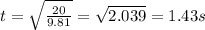 t=\sqrt{\frac{20}{9.81} } =\sqrt{2.039}=1.43s
