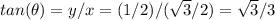 tan(\theta )=y/x=(1/2)/(\sqrt{3}/2)=\sqrt{3}/3