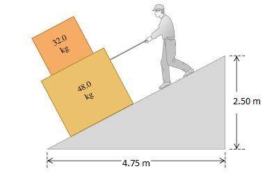 You are lowering two boxes, one on top of the other, down a ramp by pulling on a rope parallel to th
