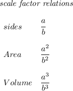 \bf \textit{scale factor relations}\\\\ \begin{array}{llll}&#10;sides&\cfrac{a}{b}&#10;\\\\&#10;&#10;Area&\cfrac{a^2}{b^2}&#10;\\\\&#10;&#10;Volume&\cfrac{a^3}{b^3}&#10;\end{array}
