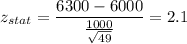 z_{stat} = \displaystyle\frac{6300 - 6000}{\frac{1000}{\sqrt{49}} } = 2.1