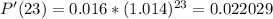 P'(23) = 0.016*(1.014)^{23} = 0.022029