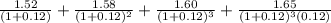 \frac{1.52}{(1+0.12)} +\frac{1.58}{(1+0.12)^2} +\frac{1.60}{(1+0.12)^3} +\frac{1.65}{(1+0.12)^3(0.12)}