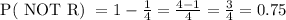 \text{ P( NOT R) } = 1 - \frac{1}{4} = \frac{4 - 1}{4} = \frac{3}{4} = 0.75