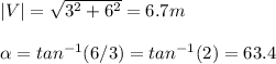 |V| = \sqrt{3^2 + 6^2} =6.7m\\\\\alpha =tan^{-1} (6/3)=tan^{-1} (2) = 63.4