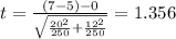 t=\frac{(7-5)-0}{\sqrt{\frac{20^2}{250}+\frac{12^2}{250}}}}=1.356